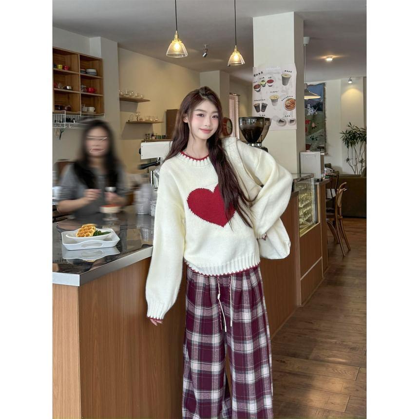 Crew Neck Heart Jacquard Sweater Product Image