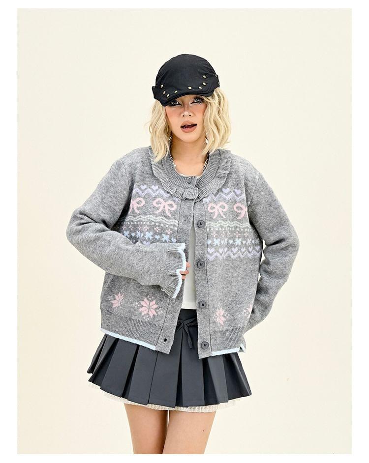 Round Neck Patterned Button Up Cardigan Product Image