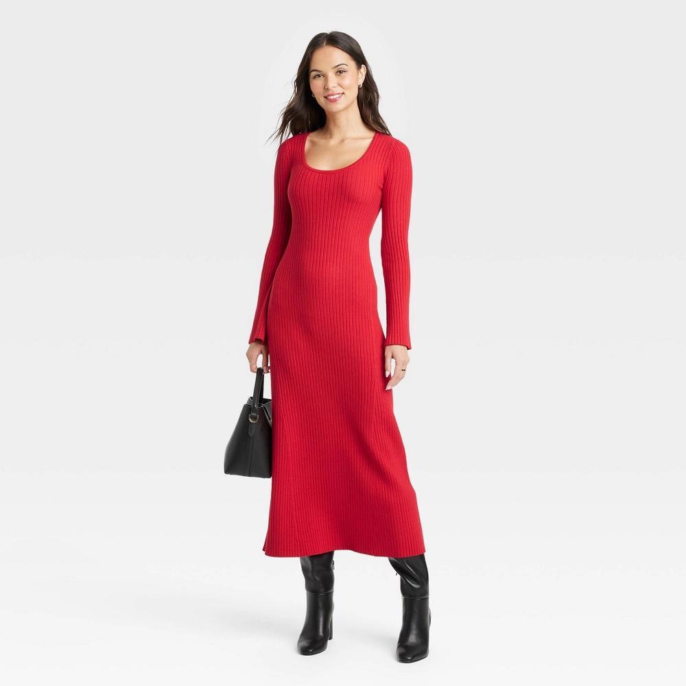 Womens Long Sleeve Maxi Sweater Dress - A New Day Red L Product Image