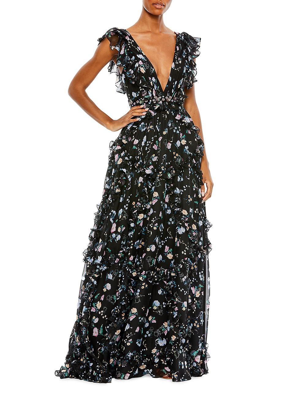 Womens Ieena Floral Ruffle V-Neck Gown Product Image