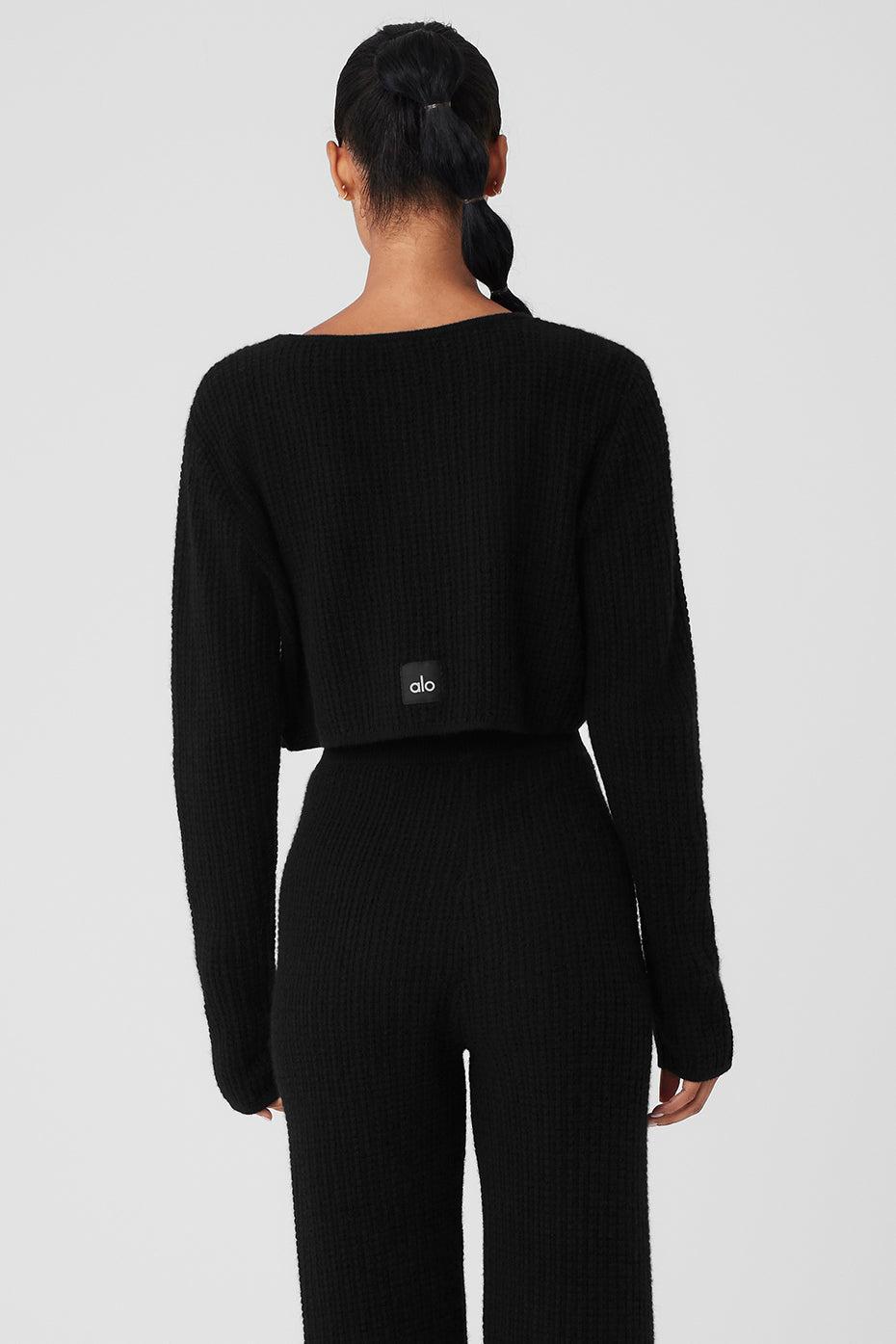 Cashmere Plush Waffle Cropped Long Sleeve - Black Product Image