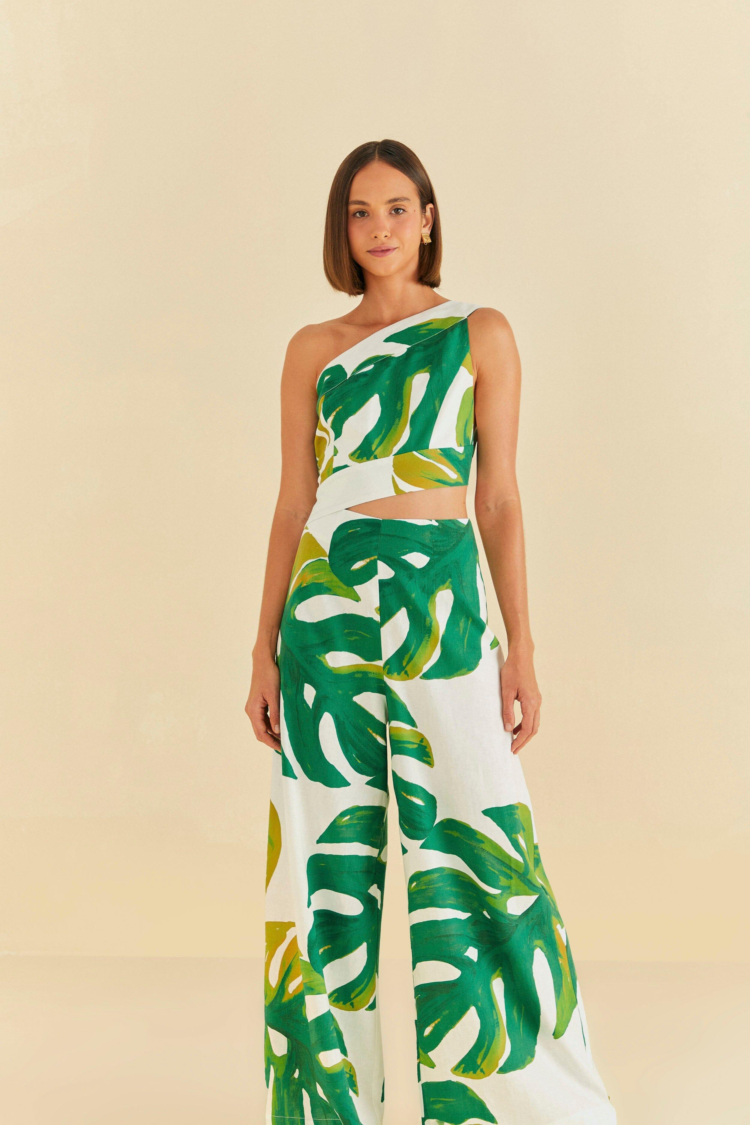 White Monstera One Shoulder Jumpsuit Product Image