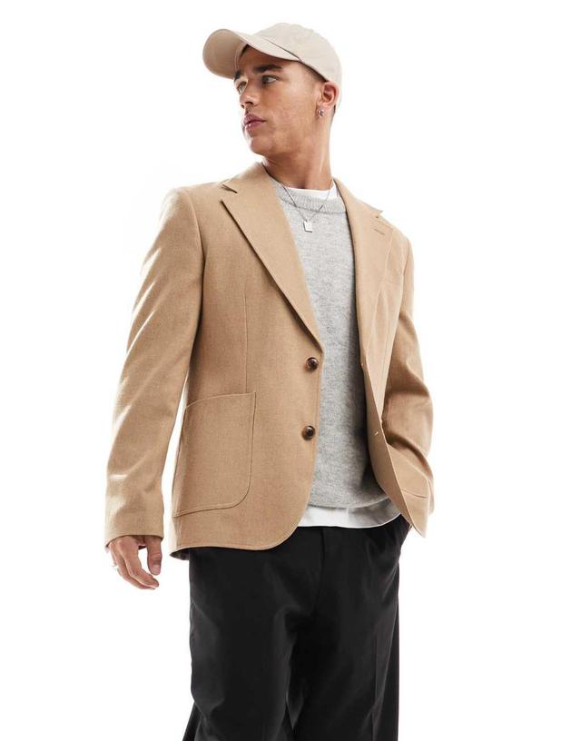 ASOS DESIGN slim blazer in camel flannel Product Image