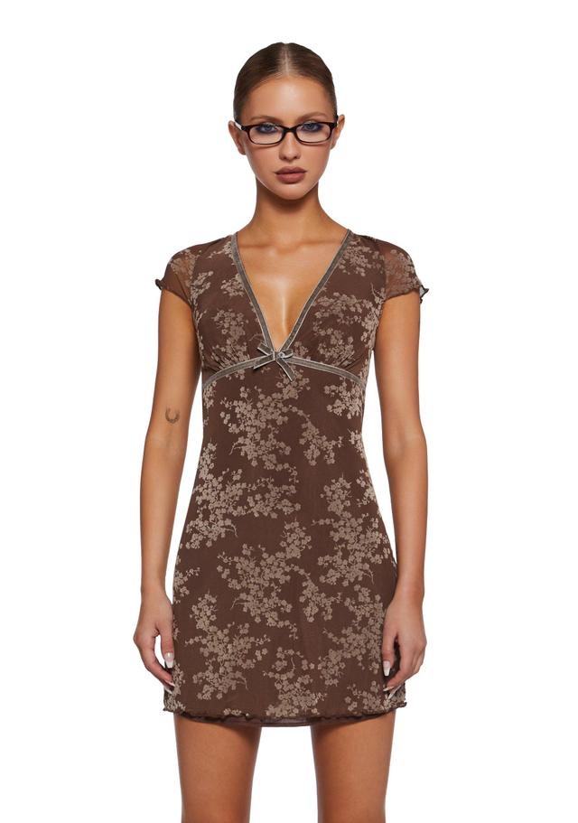 Motel Stretchy Mesh Flocked Floral Velvet Mini Dress - Brown Product Image