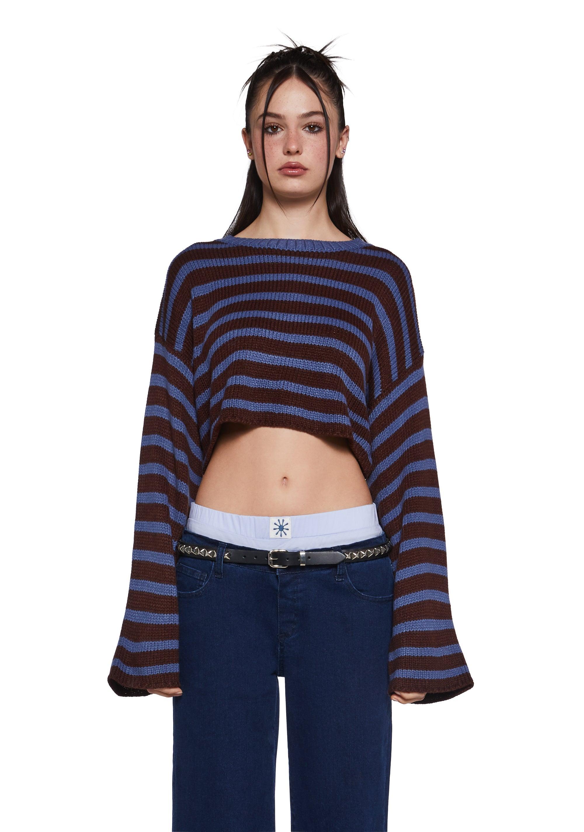 Knit Striped Long Sleeve Cropped Sweater - Brown Product Image