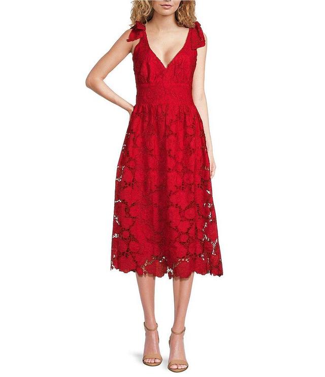 Layered With Love Dixie Lace V-Neck Sleeveless Tie Shoulder Scallop Hem Midi Dress Product Image