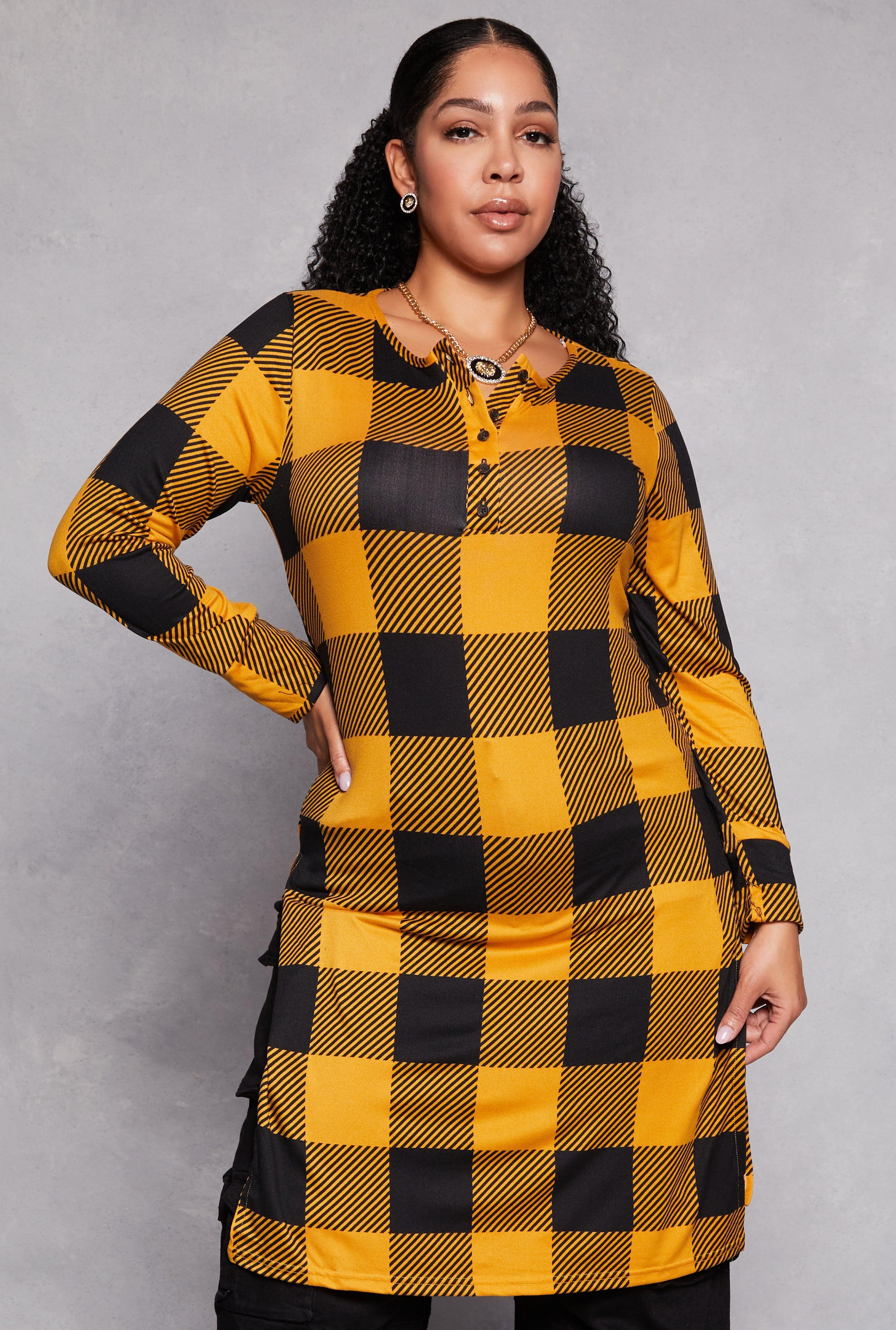 Womens Plus Size Buffalo Plaid Henley Tunic Top Product Image