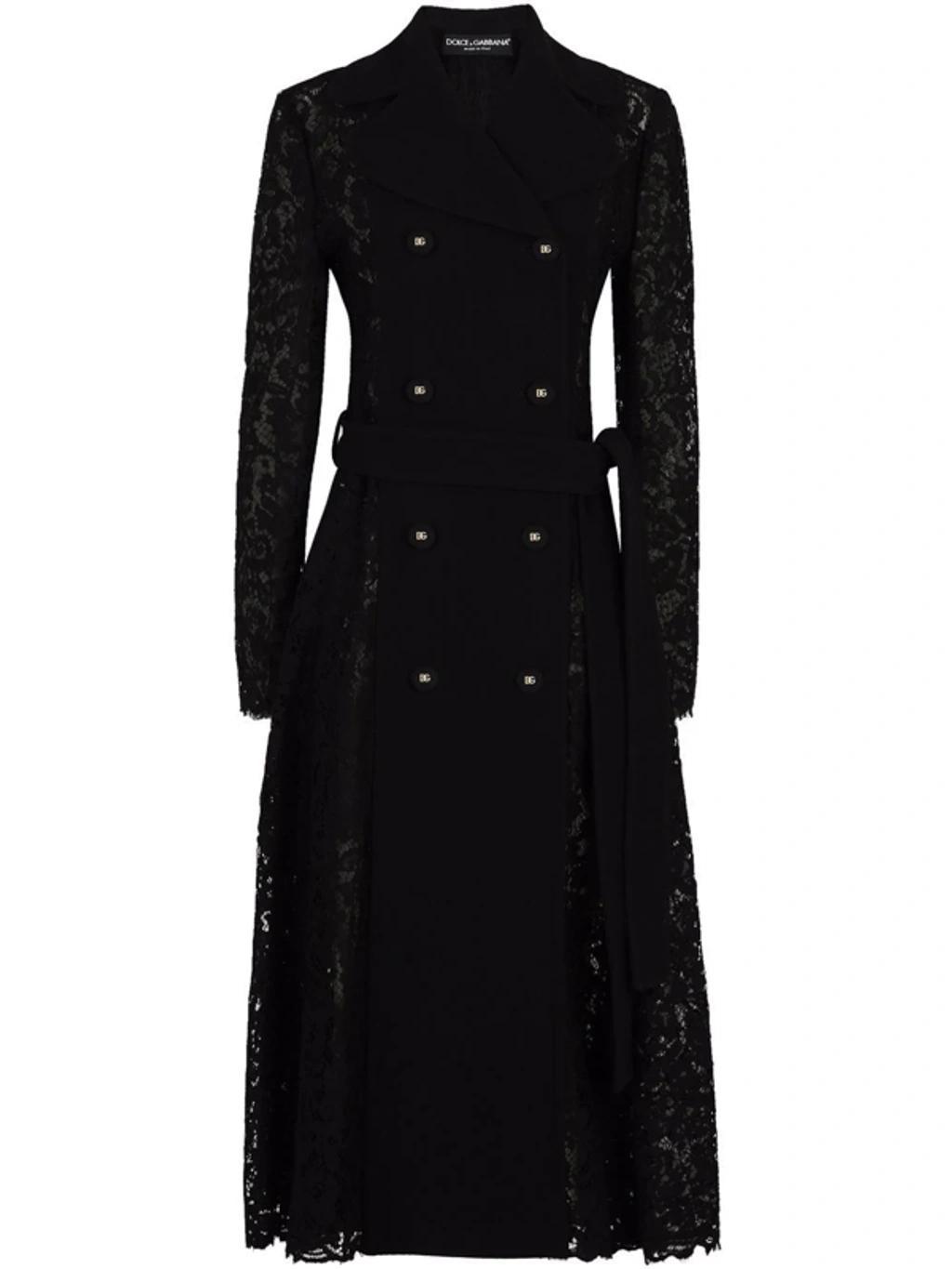 Cordonetto Lace And Crepe Coat With Belt In Black product image