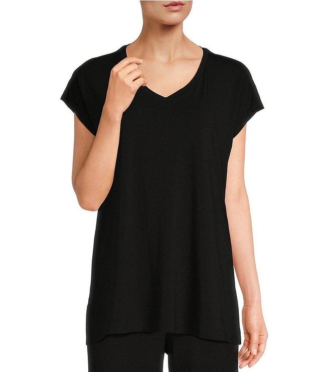 Eileen Fisher Fine Stretch Knit Jersey V-Neck Short Sleeve Boxy Shirt Product Image