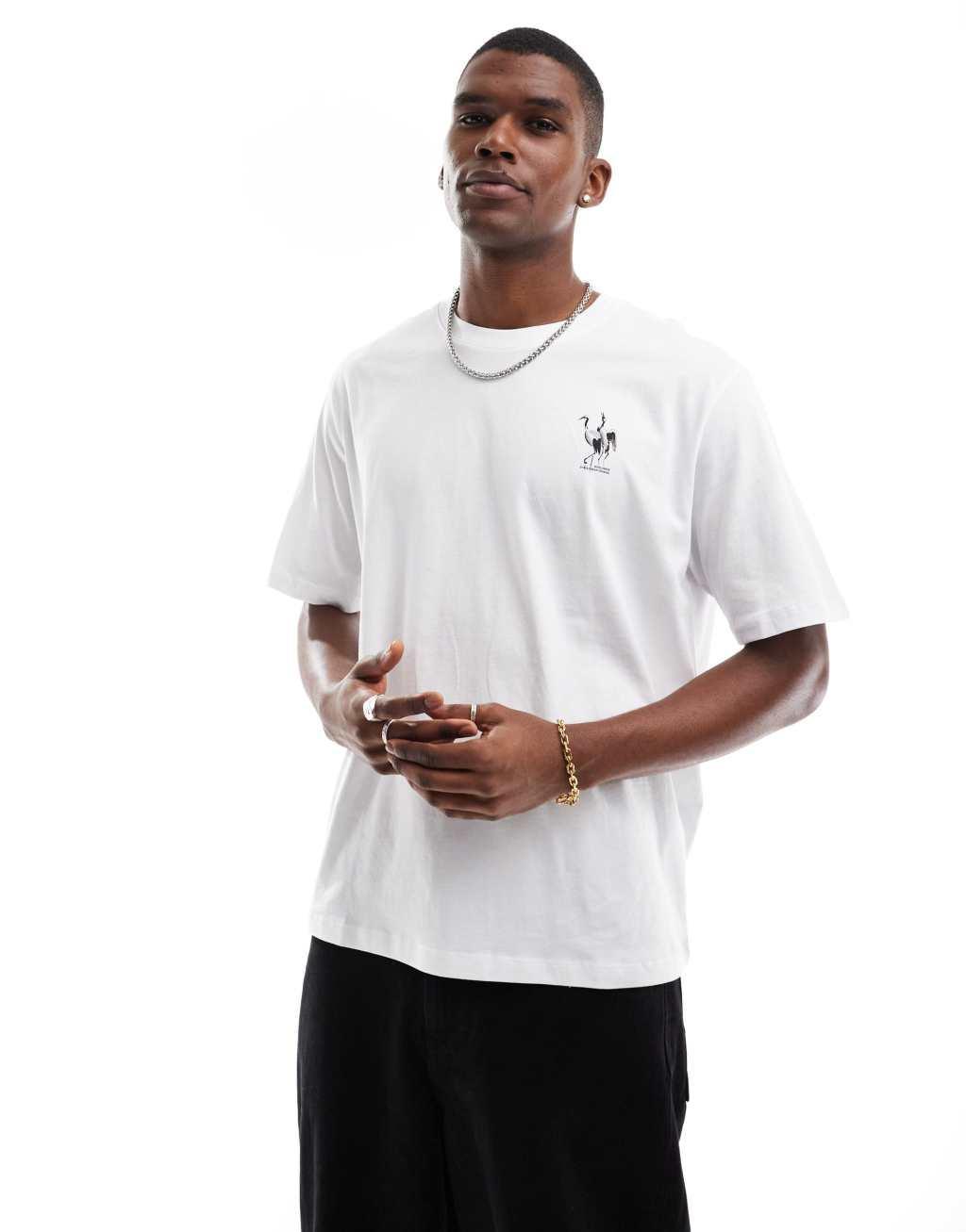 Jack & Jones oversized T-shirt with cherry blossom crane back print in white  Product Image