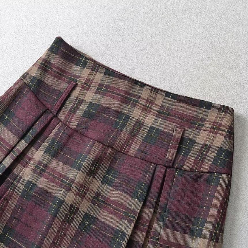 High Rise Plaid Pleated Mini A-Line Skirt Product Image