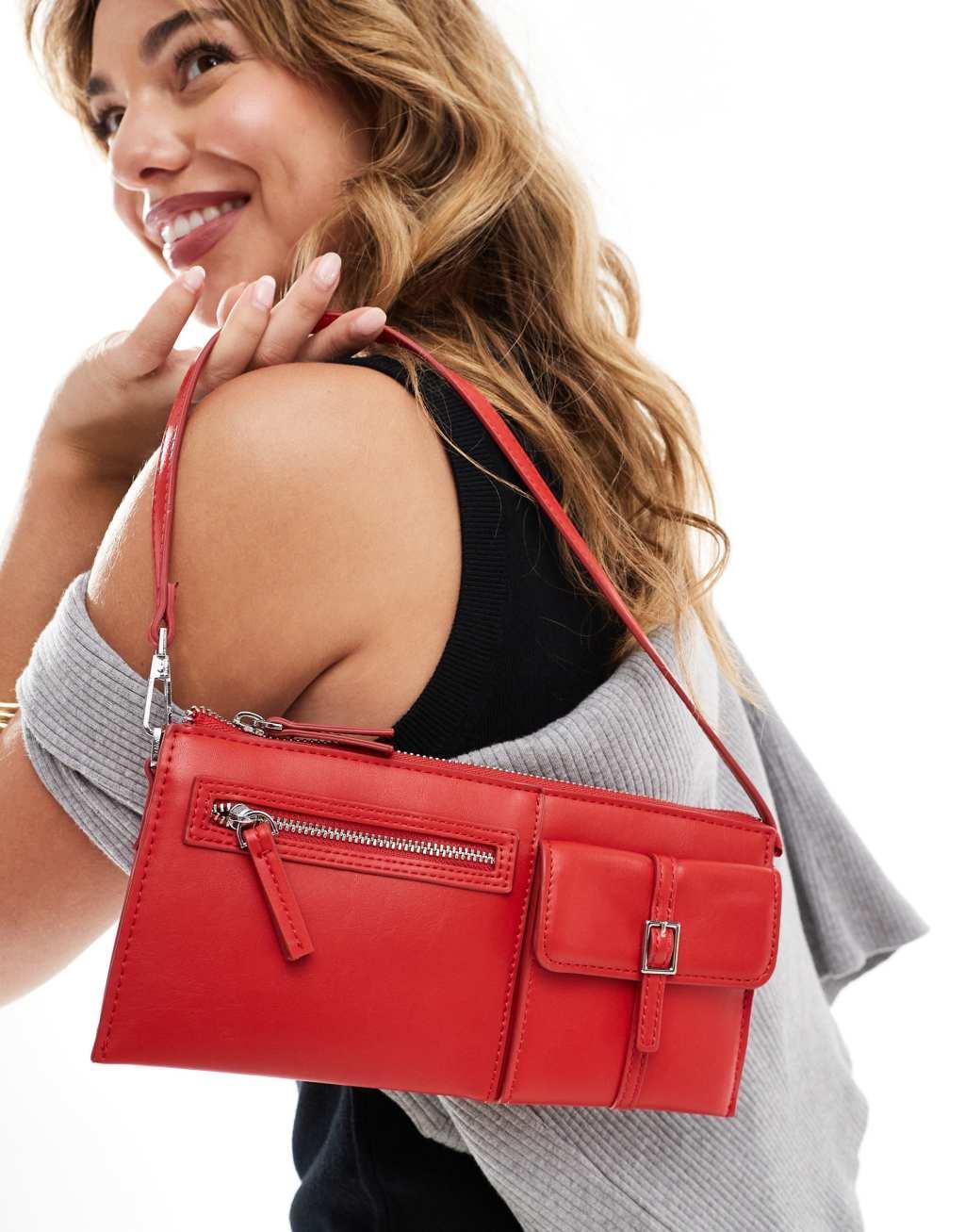 Mango pocket detail mini shoulder bag in red Product Image