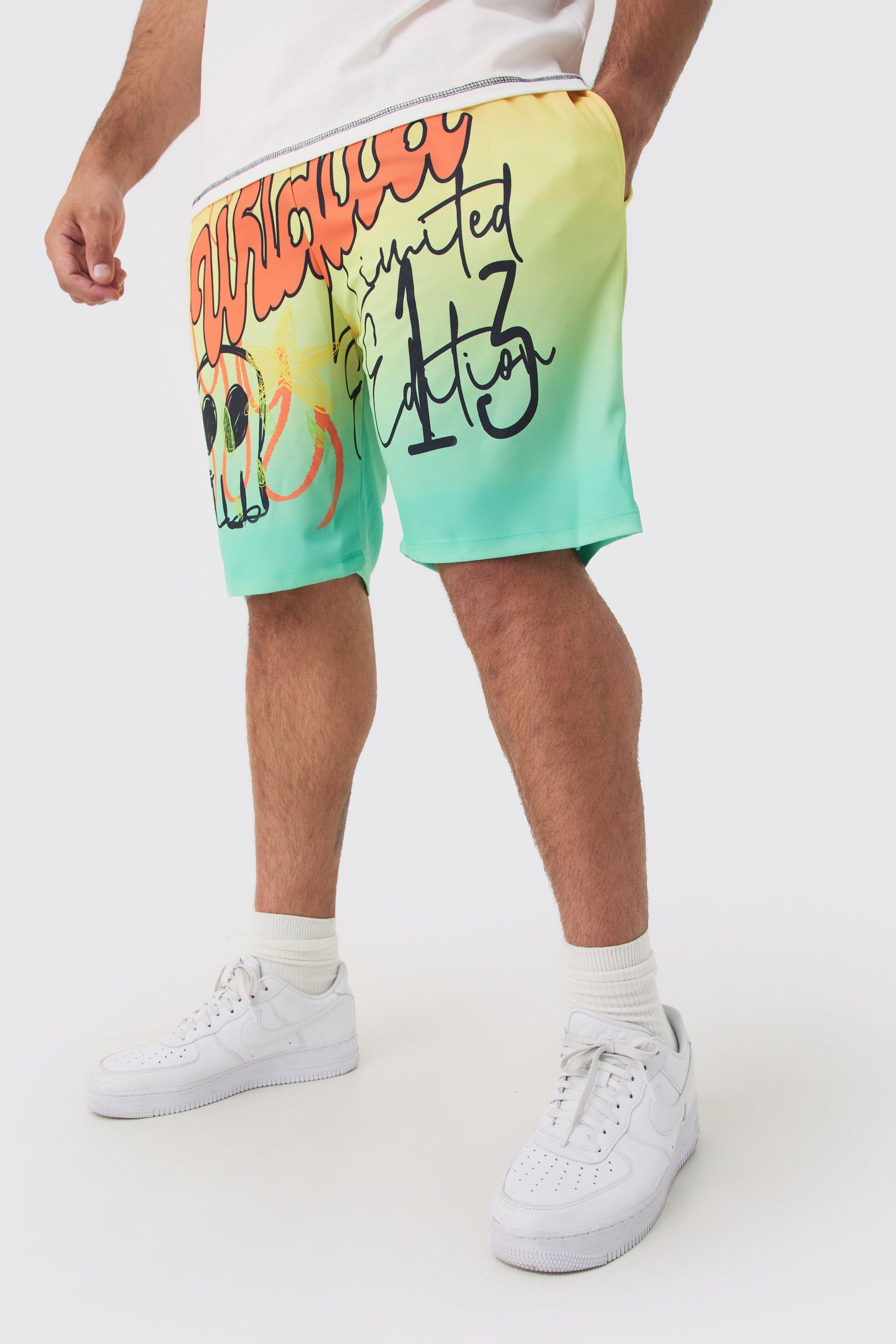 Plus Worldwide Graffiti Mid Length Mesh Basketball Shorts | boohooMAN USA Product Image