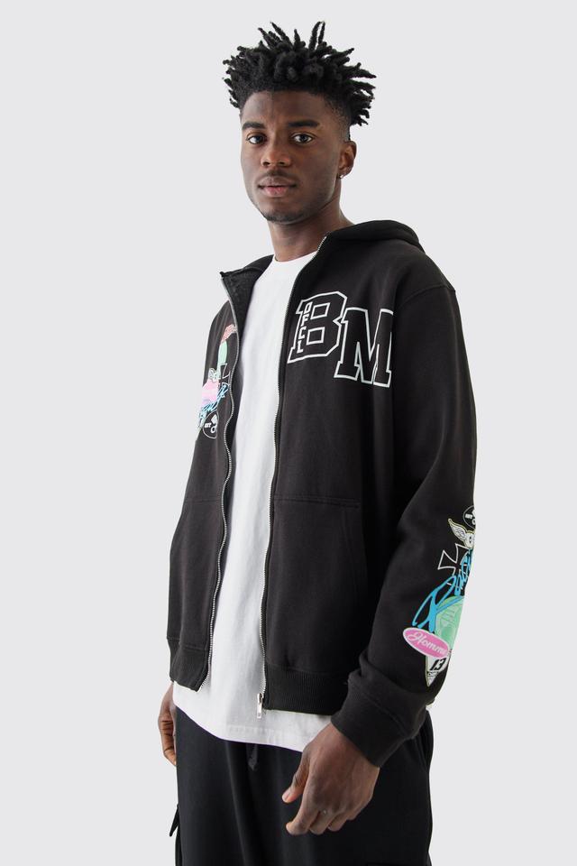 Mens Black Zip Through Bm Moto Graphic Hoodie, Black Product Image