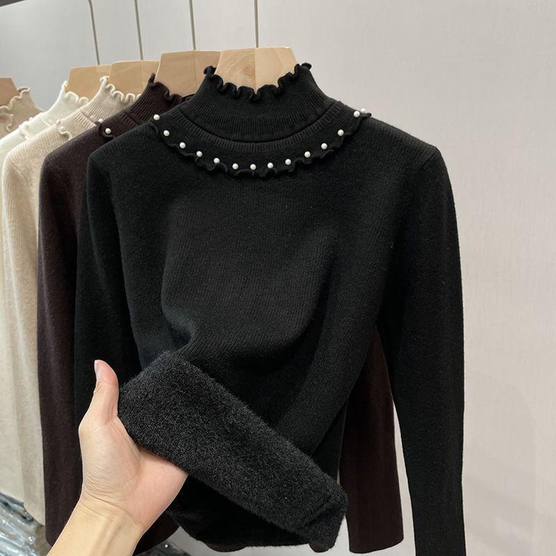 Long-Sleeve Mock Neck Plain Faux Pearl Accent Lettuce Edge Knit Top Product Image