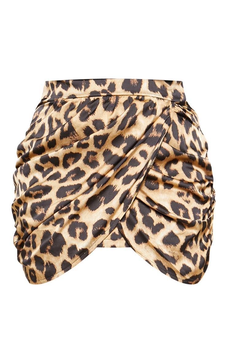 Plus Brown Satin Leopard Print Gathered Mini Skirt Product Image