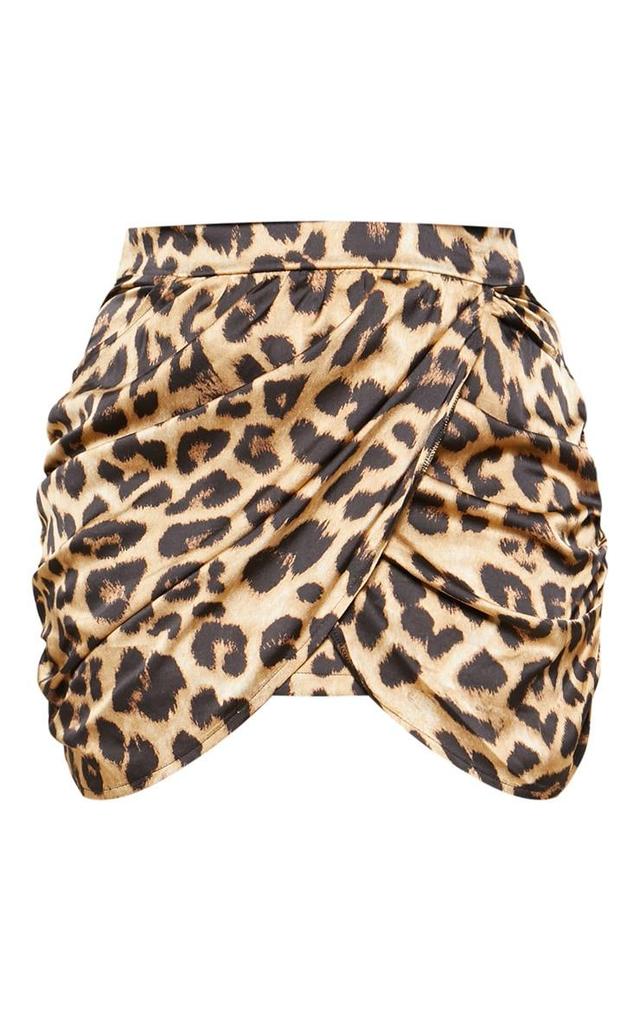 Plus Brown Satin Leopard Print Gathered Mini Skirt Product Image