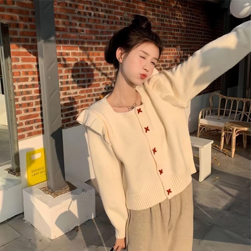 Square Neck Button-Up Plain Crop Cardigan Product Image