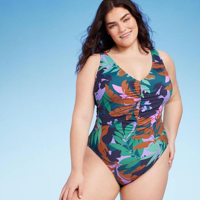 Womens Shirred Plunge One Piece Swimsuit - Shade & Shore Multi Floral Print Product Image