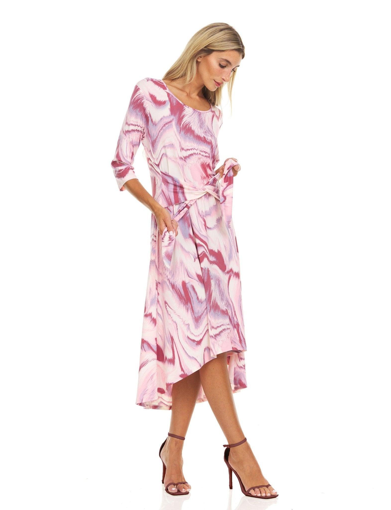 3/4 Sleeve Allover Printed Scoop Neck Midi Dress With Self Tie Belt Product Image