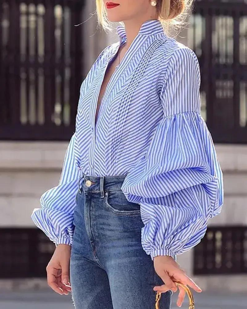 Olivia Mark – Button-front shirt with lantern sleeves and striped print product image