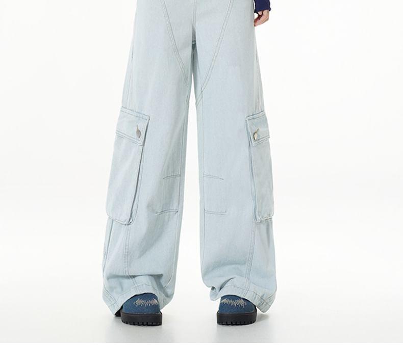 High Waist Washed Wide Leg Cargo Jeans Product Image