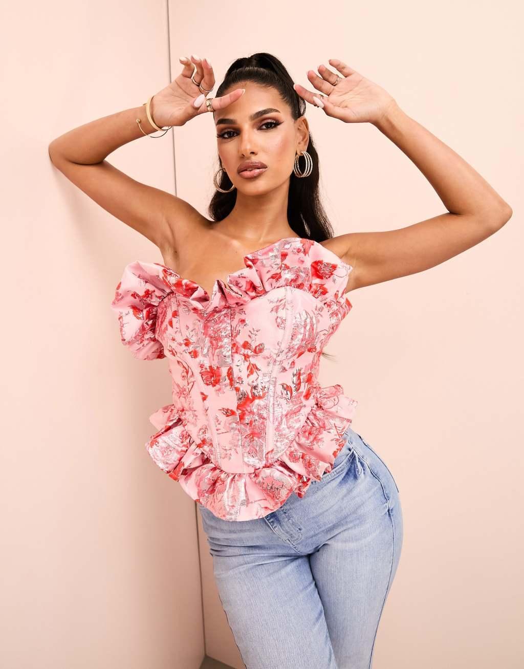 ASOS LUXE jacqaurd corset ruffle bandeau top in pink and red floral print  Product Image