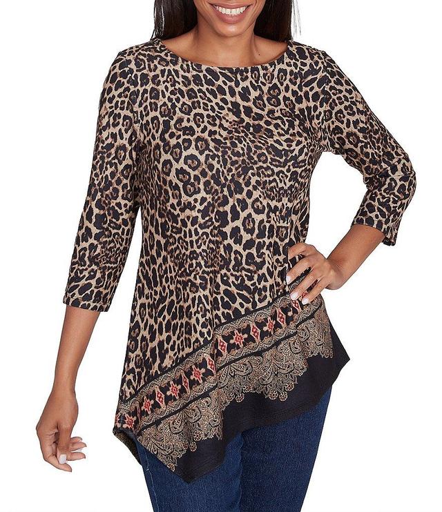 Ruby Rd. Knit Leopard Paisley Border Print Ballet Neck 3/4 Sleeve Top Product Image