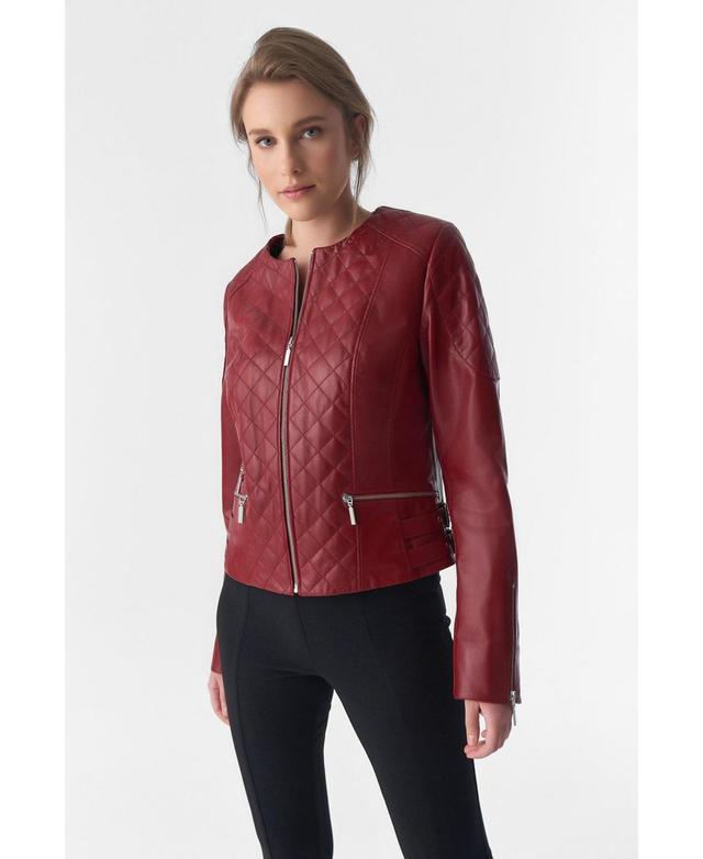 Furniq Uk Womens Genuine Leather Quilted Biker Jacket Burgundy Product Image