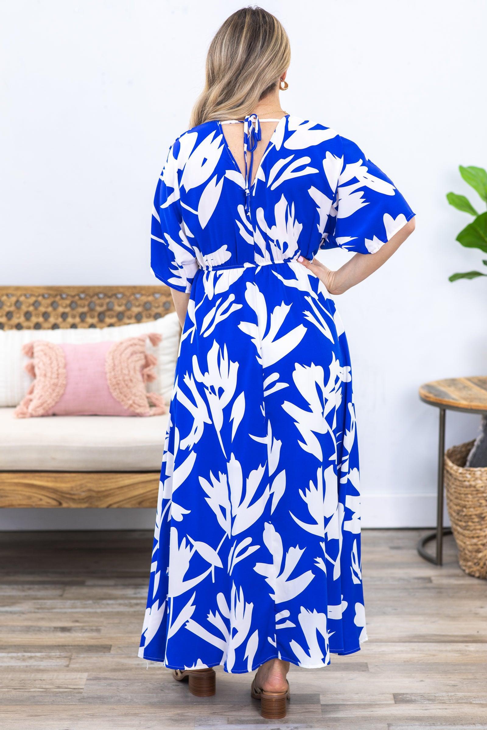 Royal Blue Print V-Neck Maxi Dress Product Image