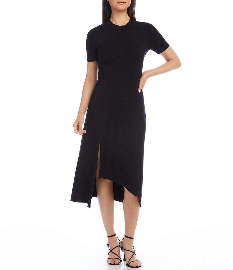 Karen Kane Crew Neck Asymmetrical Front Slit Midi Dress Product Image