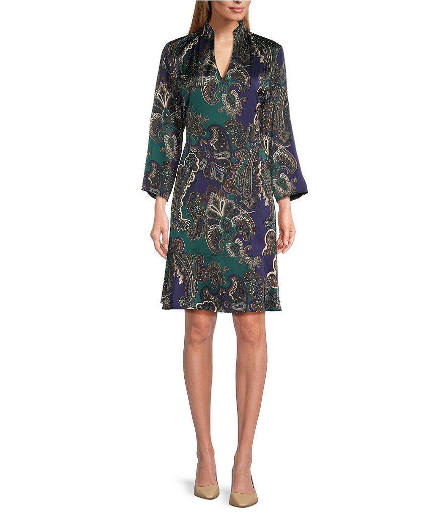 Ming Wang Paisley Print Crepe de Chine Split V-Neck 3/4 Sleeve Tiered Ruffled Hem A-Line Dress Product Image