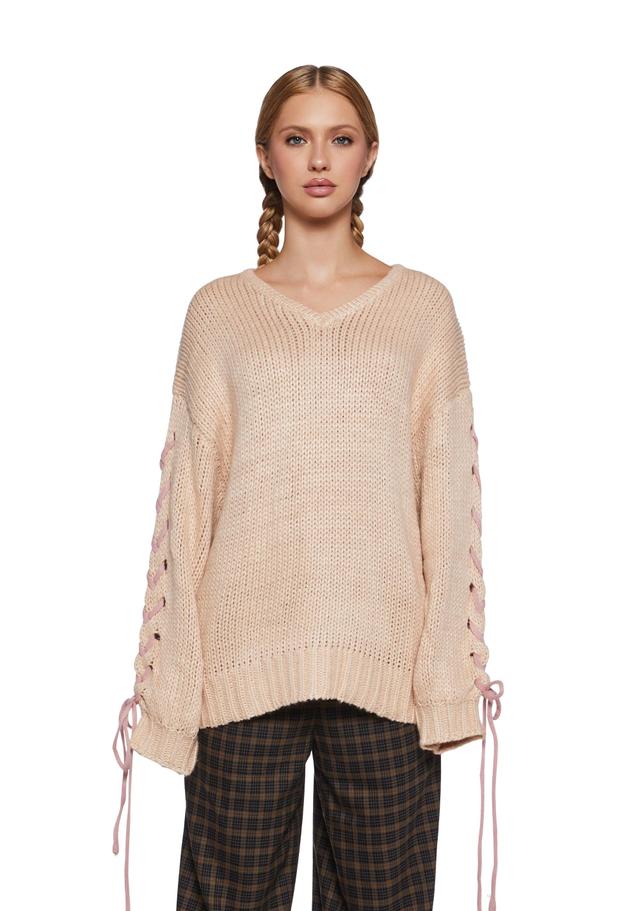 Chunky Knit Oversized Sweater With Lace Ups - Off White Product Image