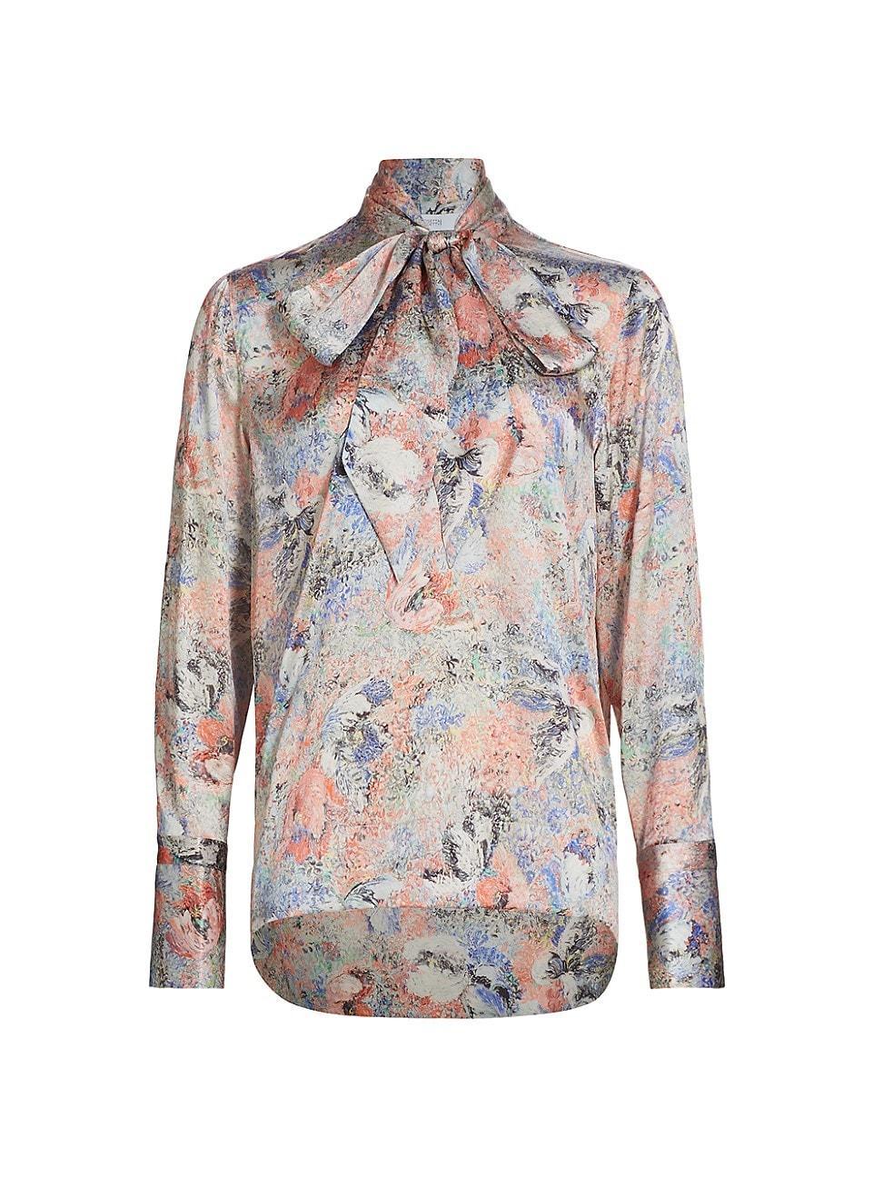 Womens Floral Silk Scarf Neck Shirt Product Image