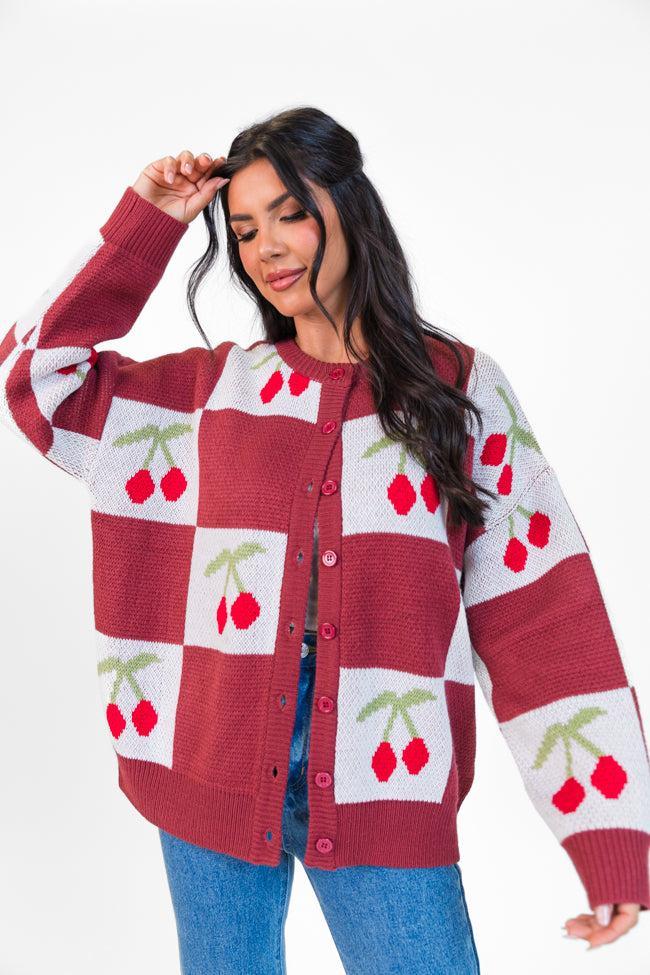 Cherry Much In Love Brick and White Multi Checkered Cardigan Product Image