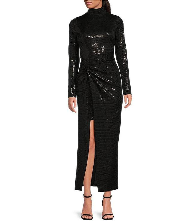 Belle Badgley Mischka Hailey Sparkle Knit Turtleneck Long Sleeve Front Twist Sheath Dress Product Image