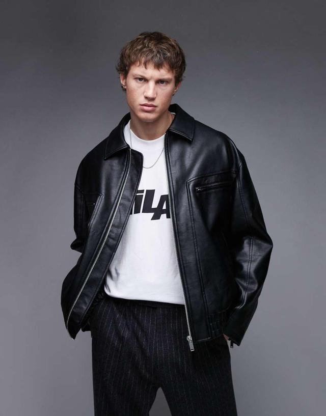 Topman faux leather bomber jacket in black Product Image