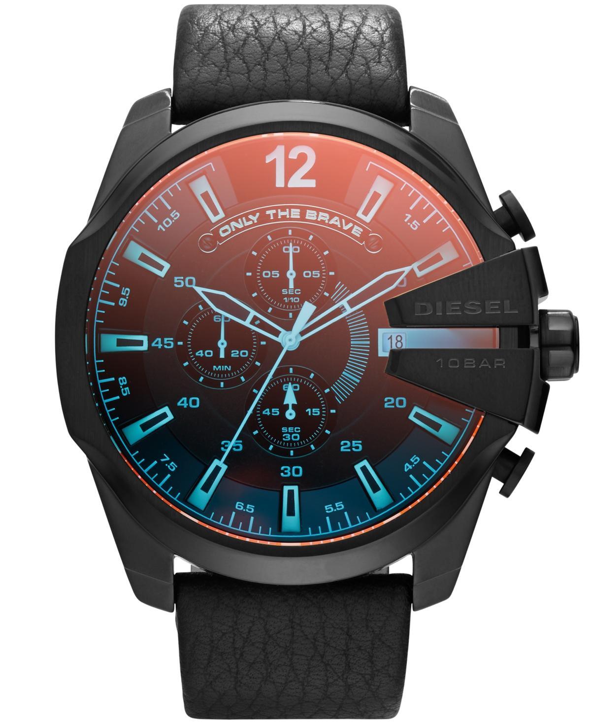 DIESEL Mega Chief Chronograph Leather Strap Watch, 51mm in Black/Iridescent Crystal at Nordstrom Product Image