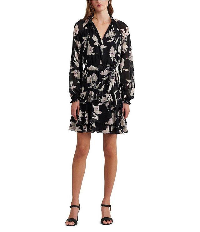 Lauren Ralph Lauren Floral Belted Crinkle Long Sleeve Georgette Dress Product Image