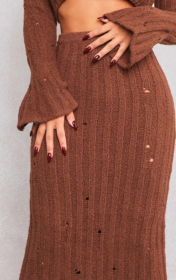  Petite Chocolate Distressed Rib Knit Maxi Skirt Product Image