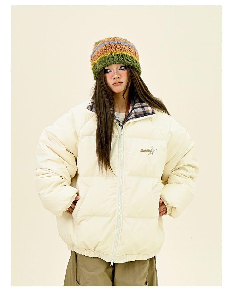 Hooded Plaid Panel Lettering Zip Puffer Jacket Product Image