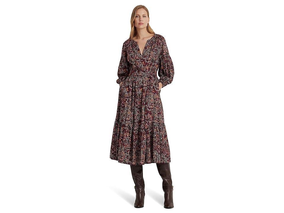 Lauren Ralph Lauren Floral Belted Cotton Voile Tiered Dress Multi) Women's Clothing Product Image