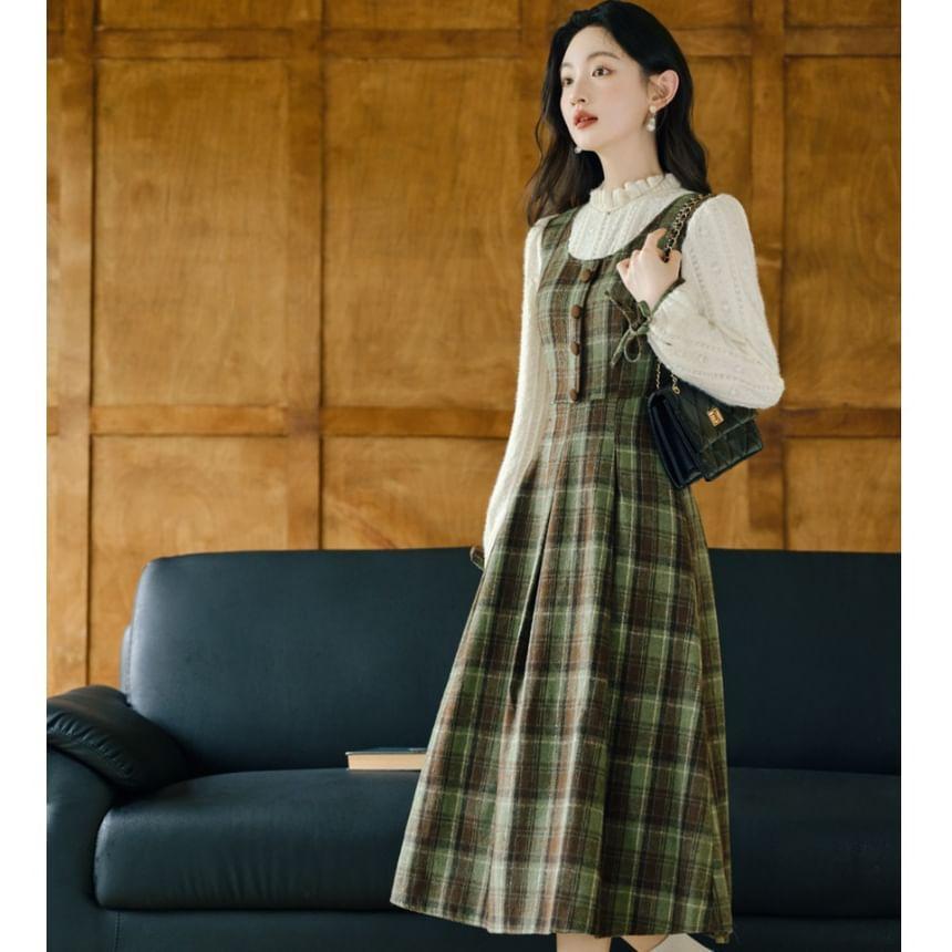 Long Sleeve Stand Collar Plaid Mock Two Piece Midi A-Line Dress Product Image