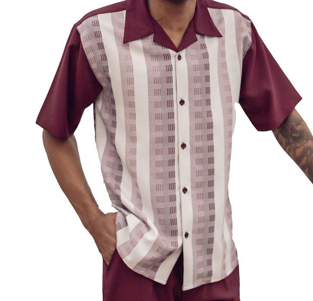 Burgundy Color Striped Walking Suit 2 Piece Short Sleeve Set Product Image