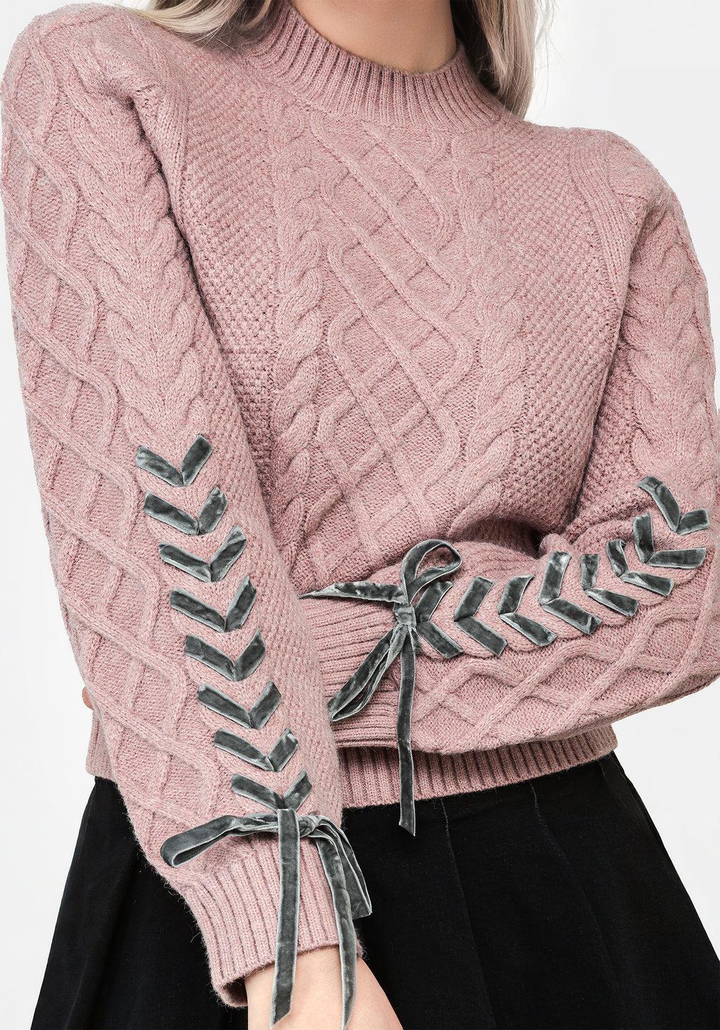 Marina Cable Knit Ribbon Lace Sweater Product Image