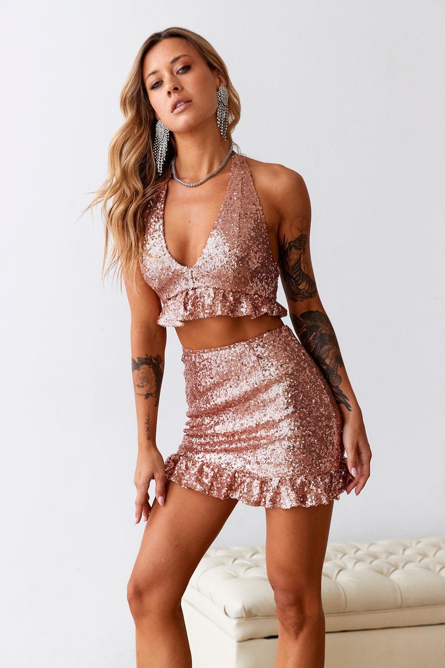 HELLO MOLLY Sweet Siren Sequin Crop Top Rose Gold Product Image