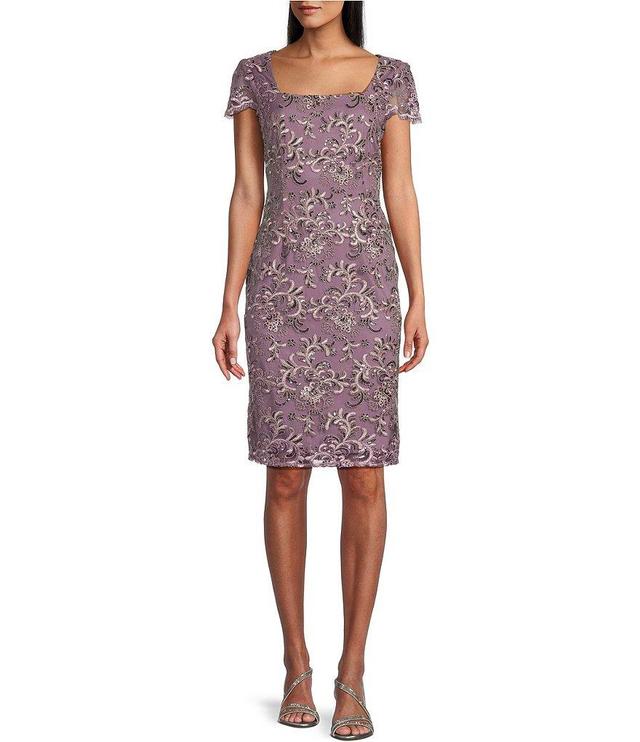 Alex Evenings Cap Sleeve Square Neck Embroidered Sheath Dress Product Image