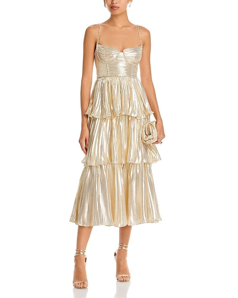 Womens Gold Metallic Tiered Midi Dress Product Image