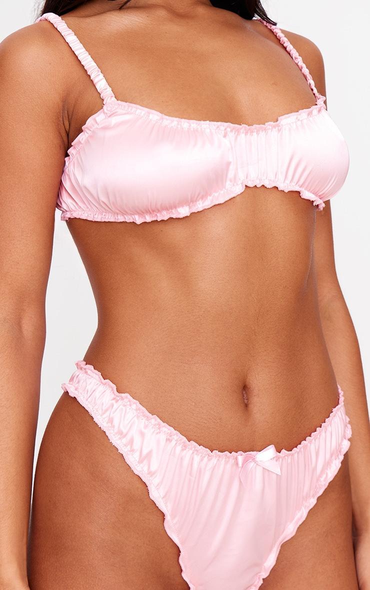 Pink Ruched Satin Frill Lingerie Set Product Image