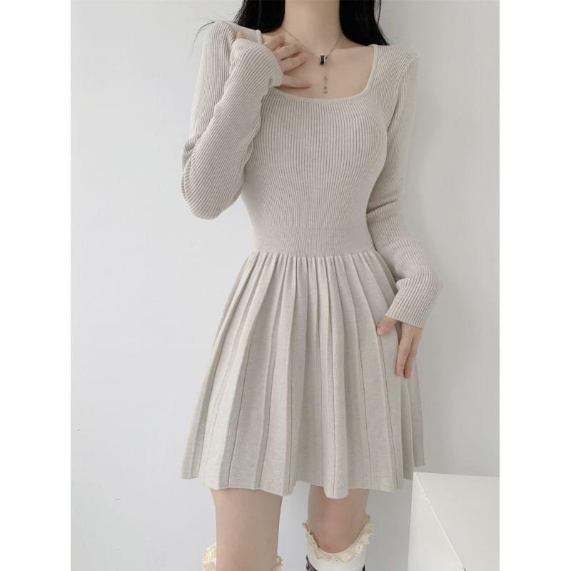 Long-Sleeve Square Neck Accordion Pleated Mini A-Line Knit Dress Product Image